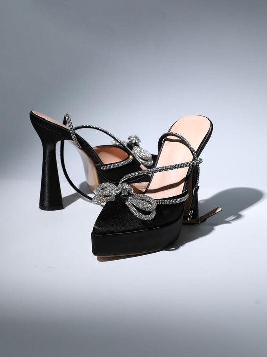 Anouk Bow Crystal Satin Heels In Black - Mew Mews Fashion
