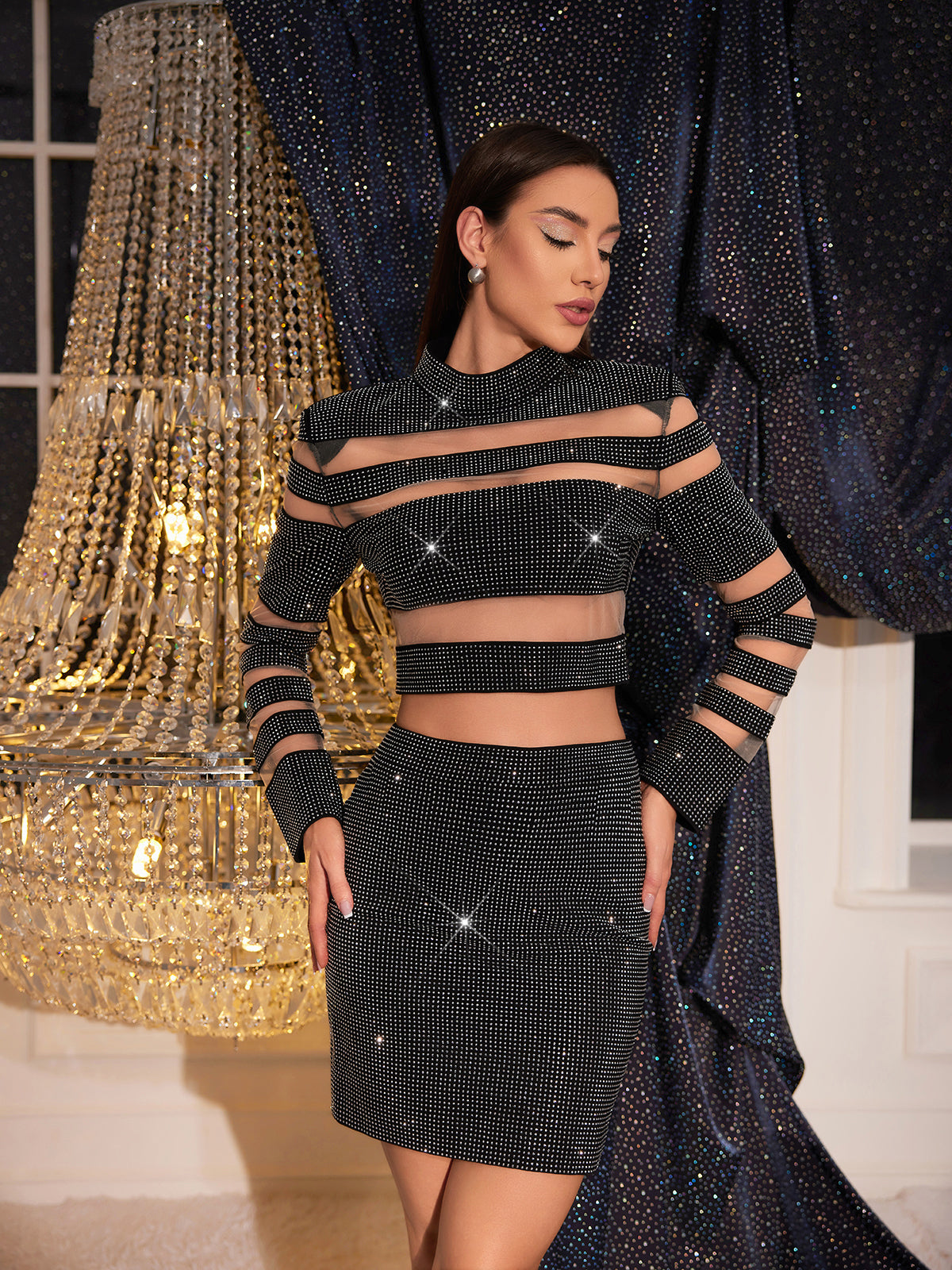 Araceli Patchwork Rhinestone Skirt In Black