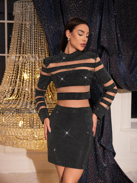 Araceli Patchwork Rhinestone Skirt In Black