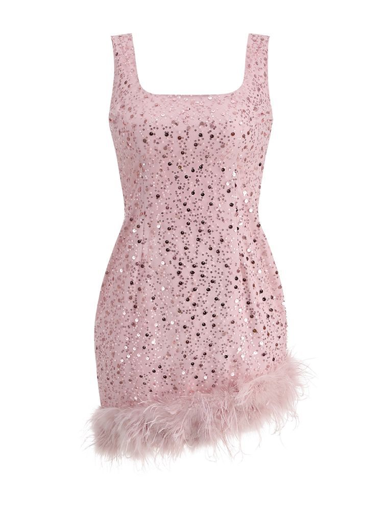 Araluen Sequin Feather Mini Dress In Pink