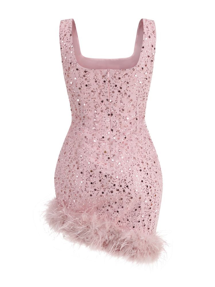 Araluen Sequin Feather Mini Dress In Pink