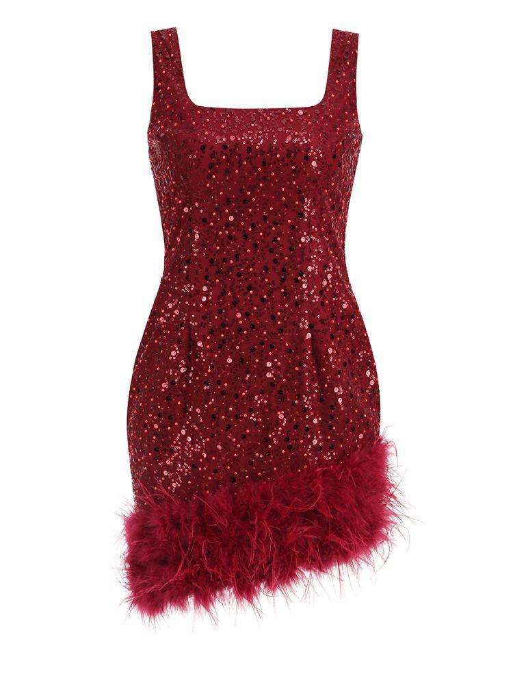 Araluen Sequin Feather Mini Dress In Wine - Mew Mews Fashion