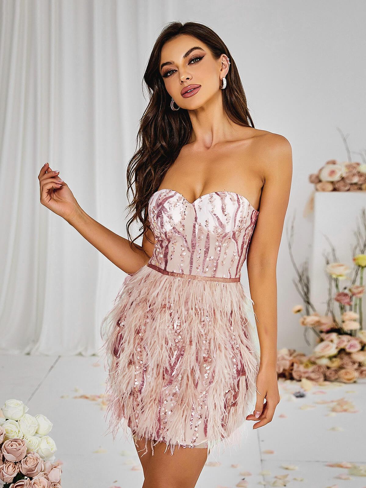 Ashlyn Strapless Feather Sequin Mini Dress - Mew Mews Fashion
