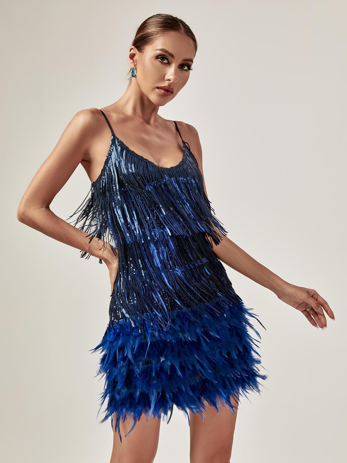Austyn Tassel Feather Mini Dress In Royal Blue - Mew Mews Fashion