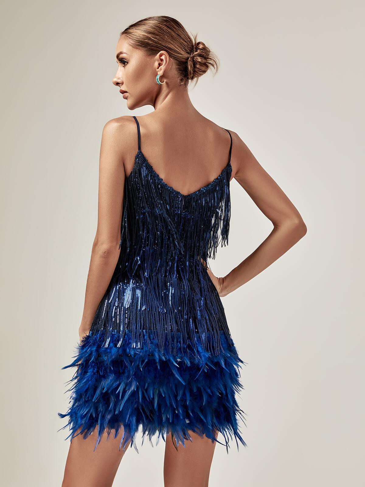 Austyn Tassel Feather Mini Dress In Royal Blue - Mew Mews Fashion