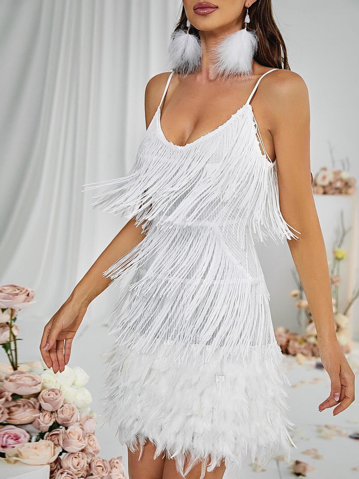 Austyn Tassel Feather Mini Dress In White - Mew Mews Fashion