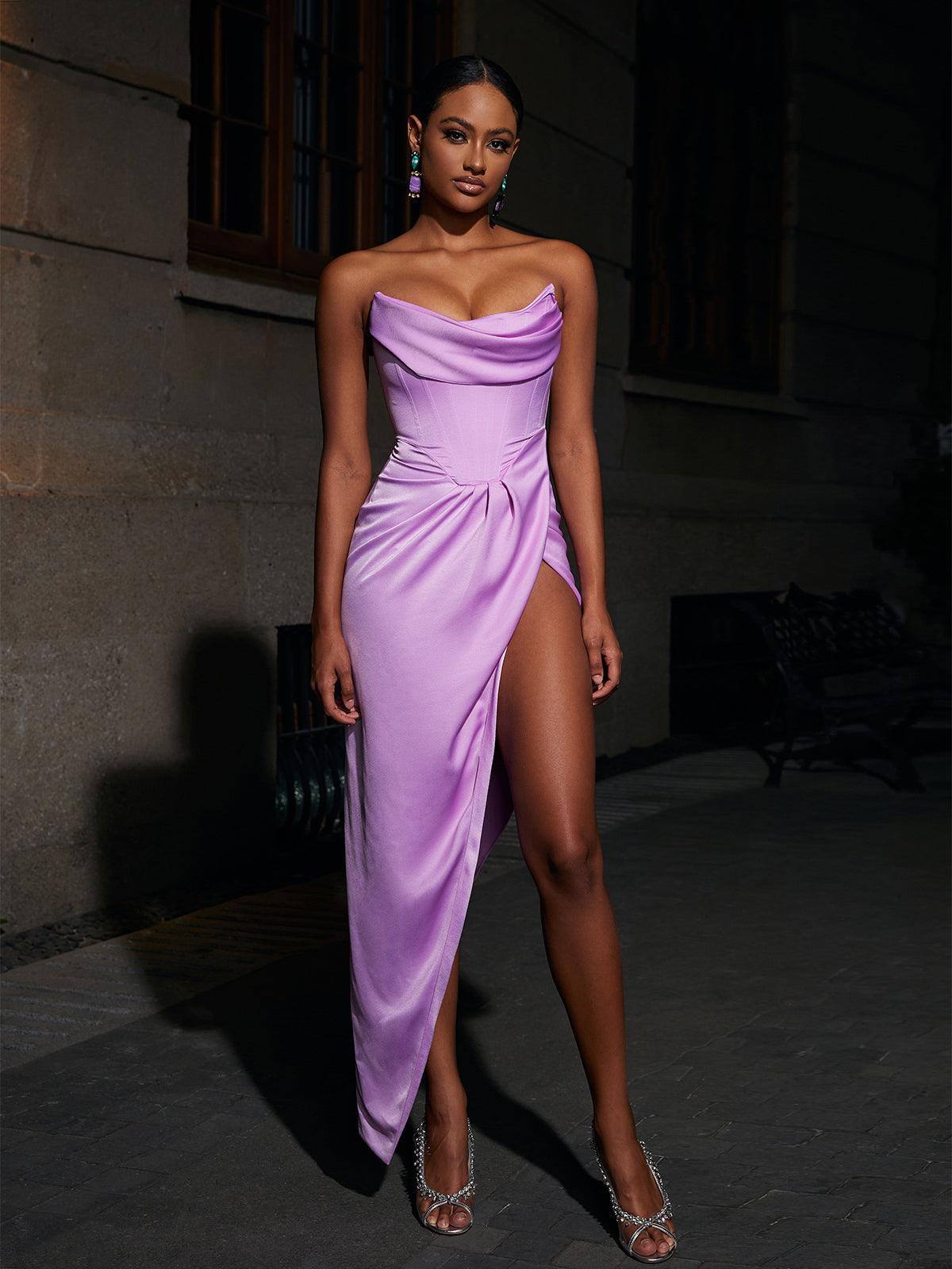 Avila Strapless Satin Maxi Dress In Violet - Mew Mews Fashion