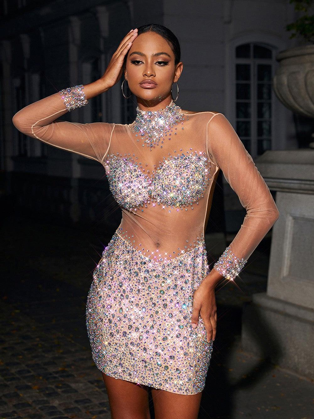 Azami Mesh Crystal Mini Dress In Silver - Mew Mews Fashion