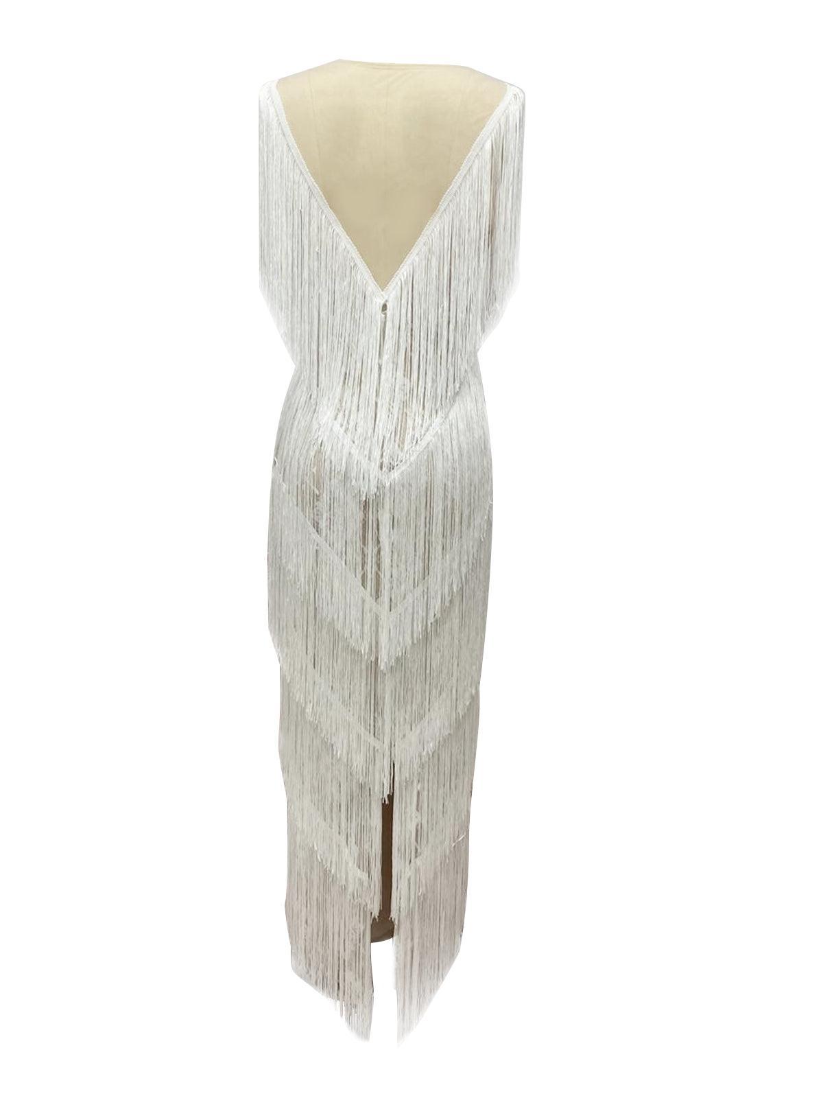 Behati V Neck Fringe Maxi Dress - Mew Mews Fashion