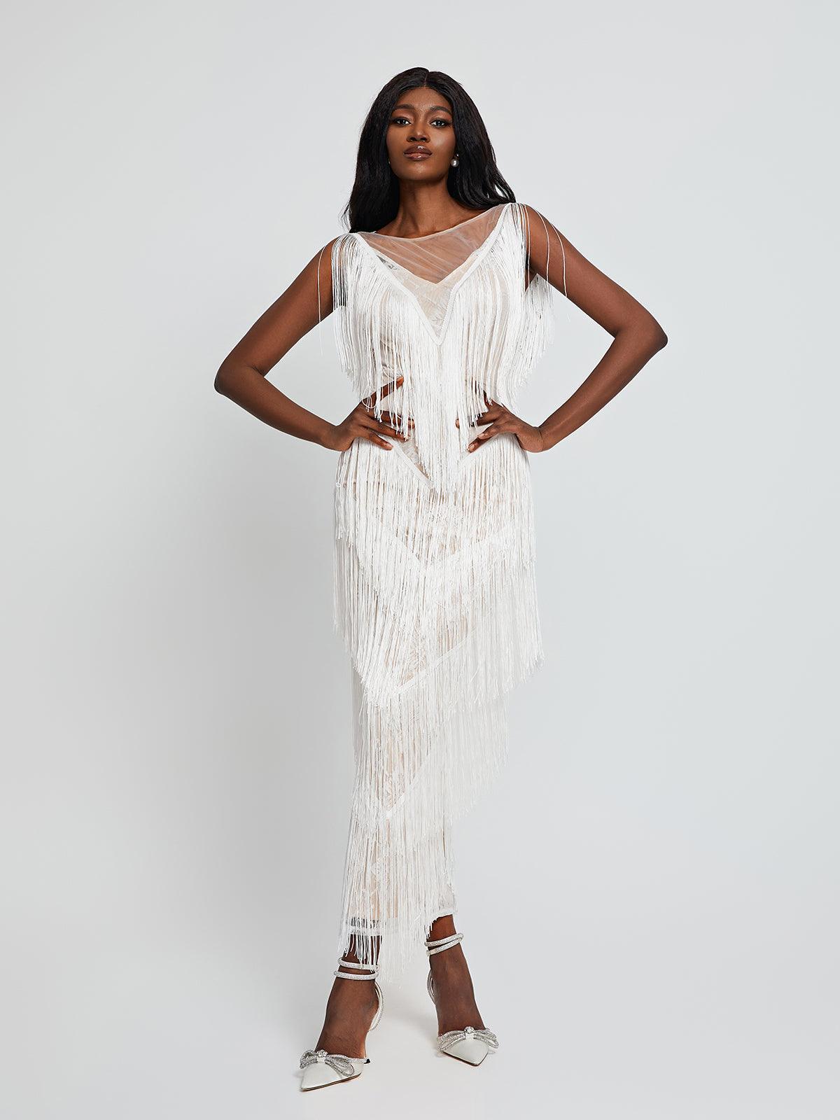 Behati V Neck Fringe Maxi Dress - Mew Mews Fashion