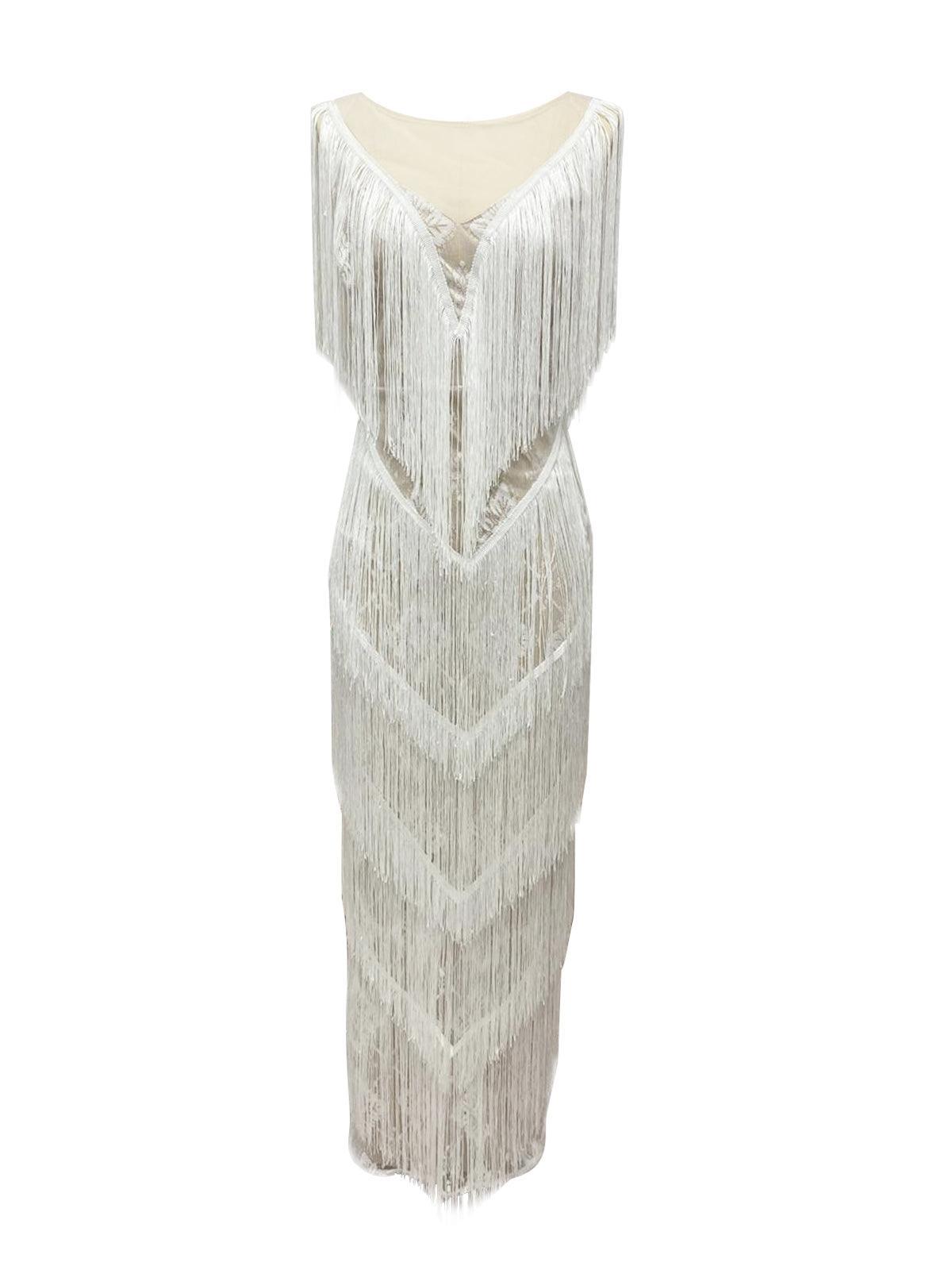 Behati V Neck Fringe Maxi Dress - Mew Mews Fashion