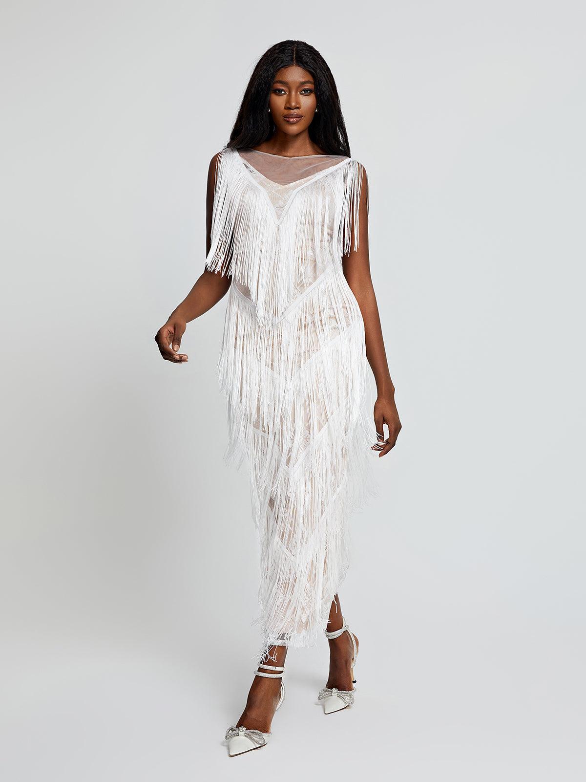 Behati V Neck Fringe Maxi Dress - Mew Mews Fashion