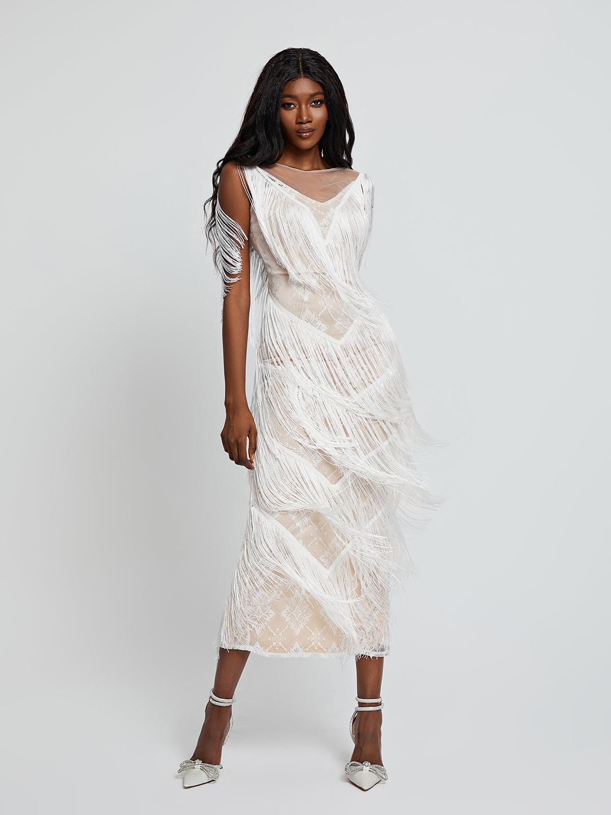 Behati V Neck Fringe Maxi Dress - Mew Mews Fashion