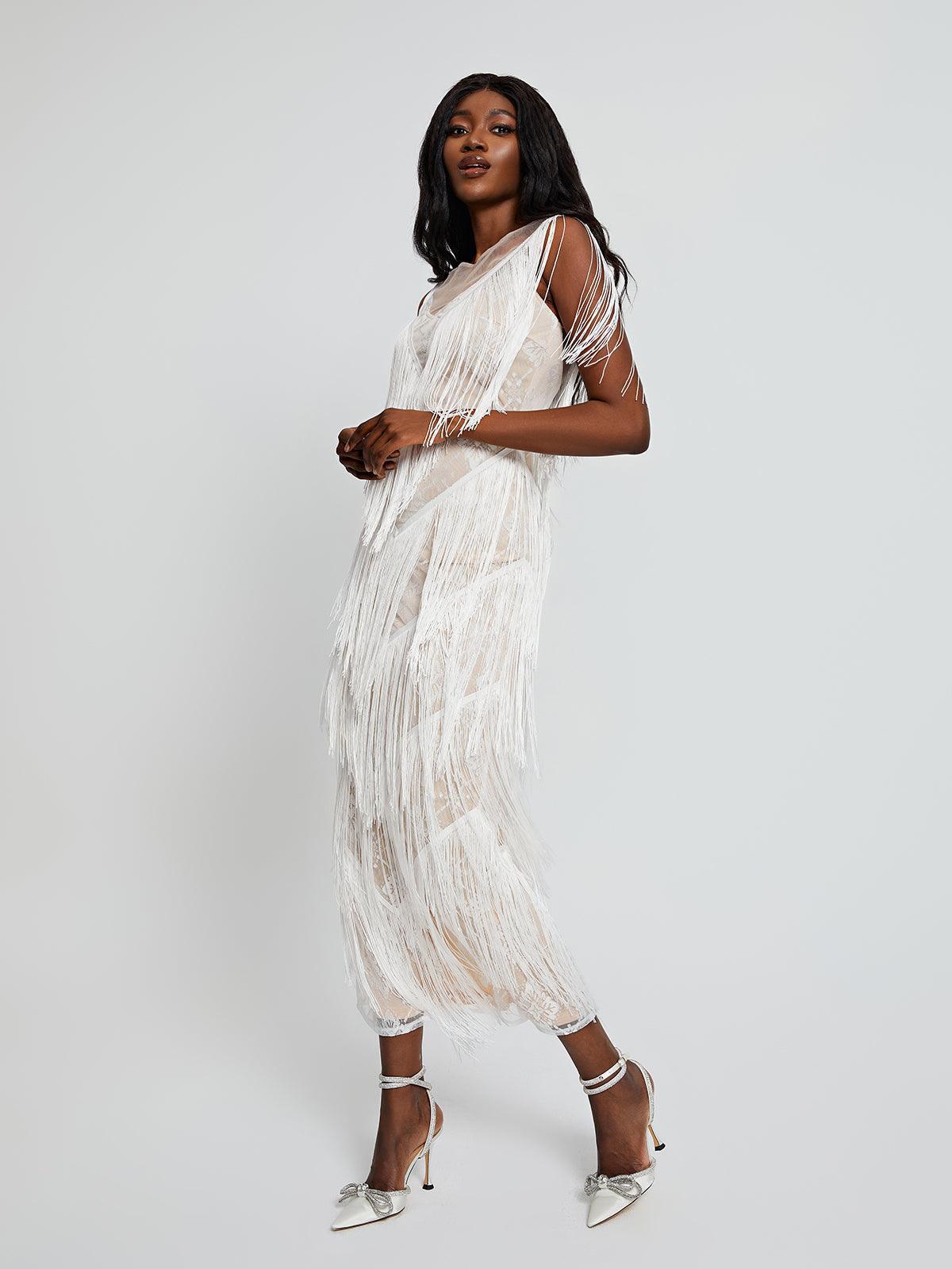 Behati V Neck Fringe Maxi Dress - Mew Mews Fashion