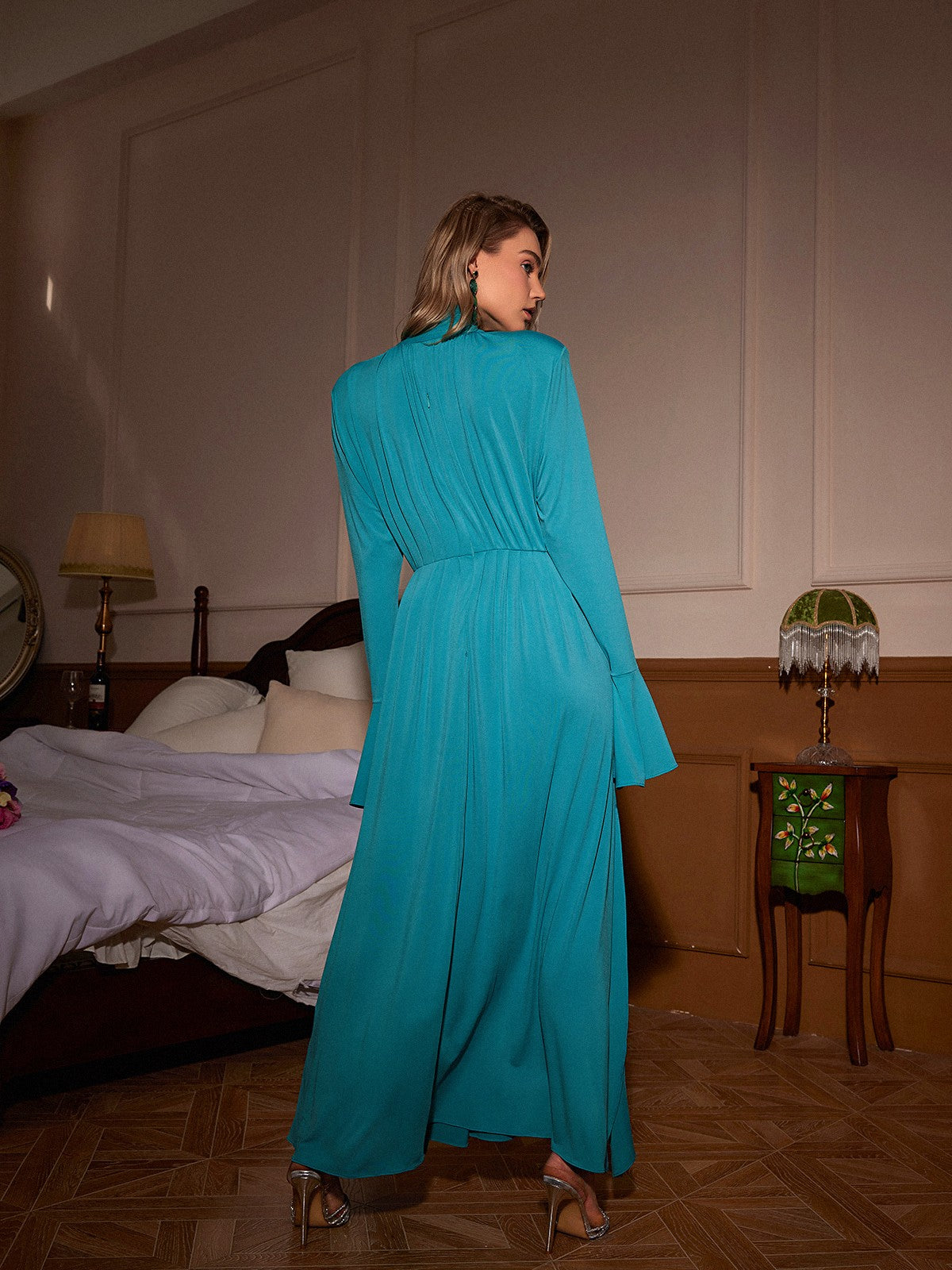 Benton Long Sleeve Flower Embellished Maxi Dress In Blue