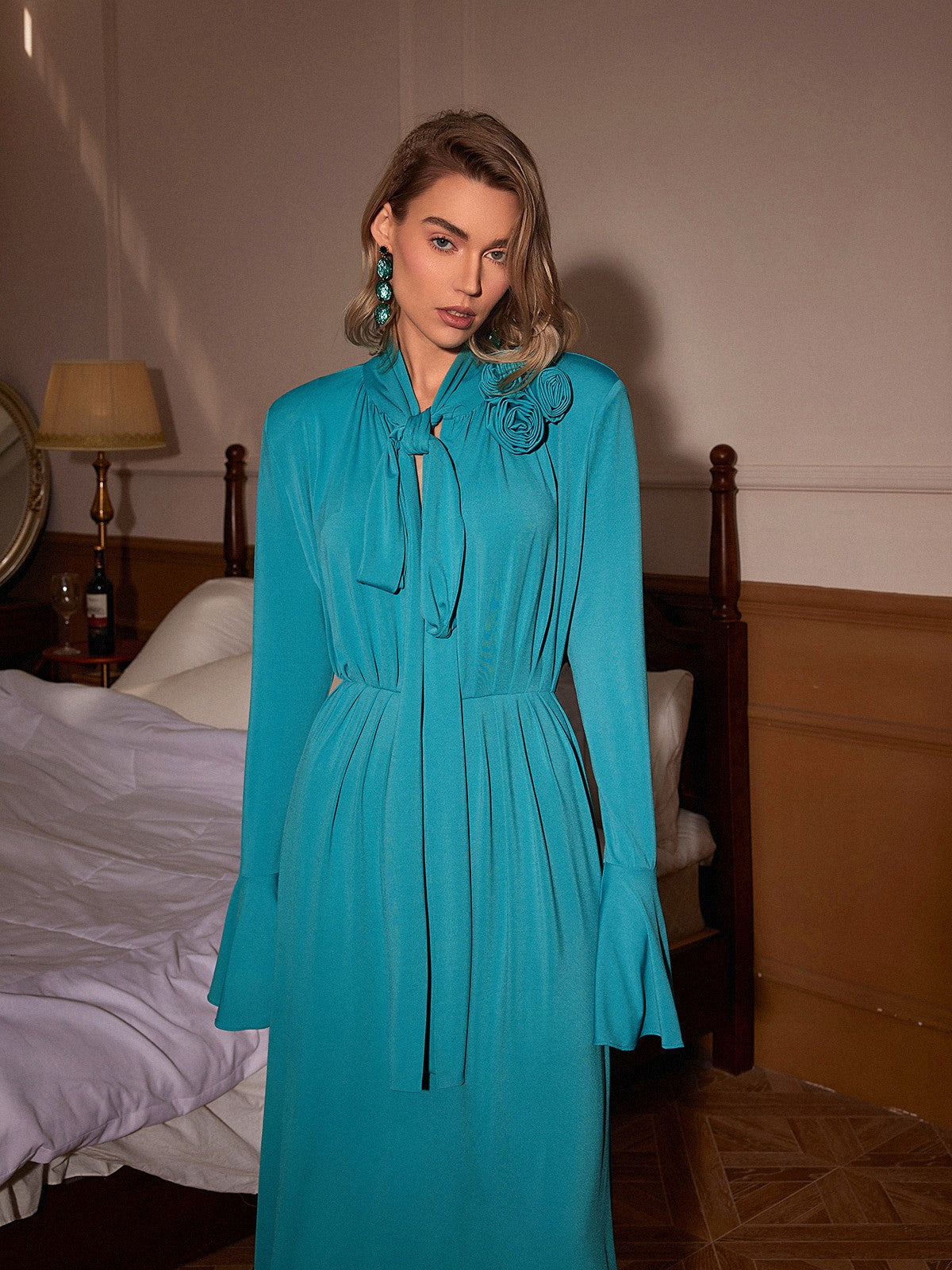 Benton Long Sleeve Flower Embellished Maxi Dress In Blue