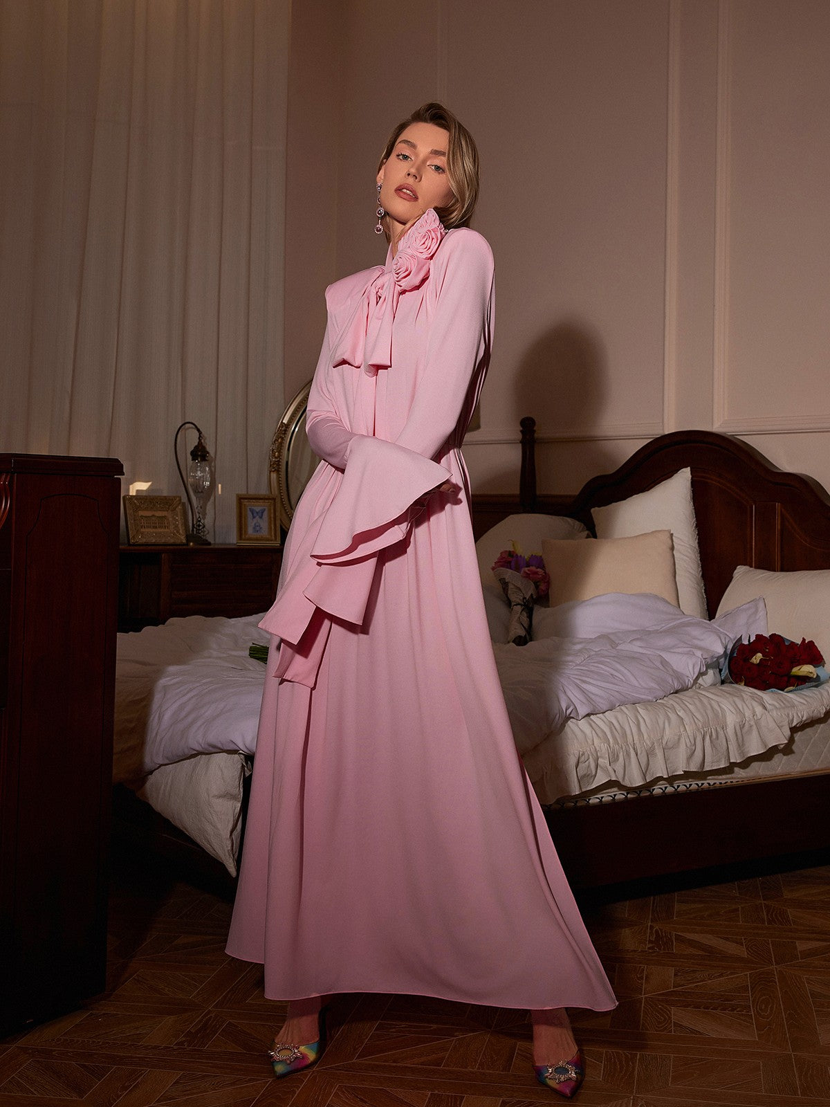 Benton Long Sleeve Flower Embellished Maxi Dress