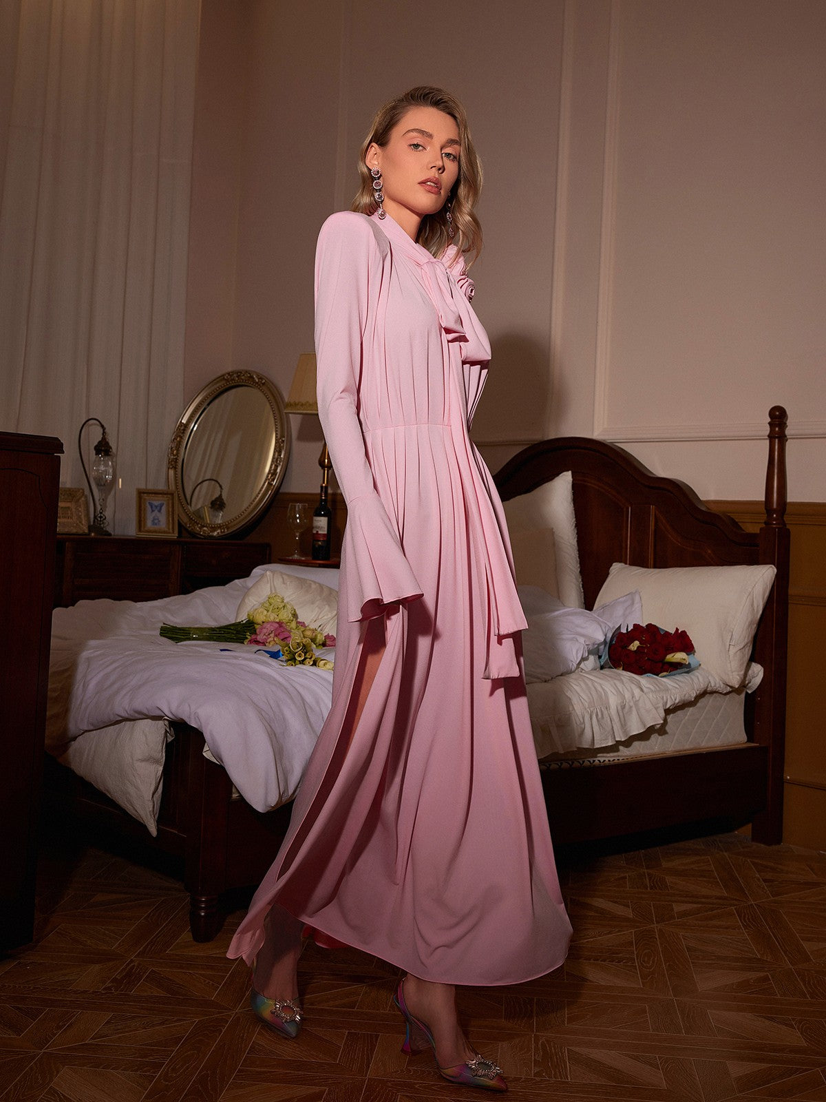Benton Long Sleeve Flower Embellished Maxi Dress
