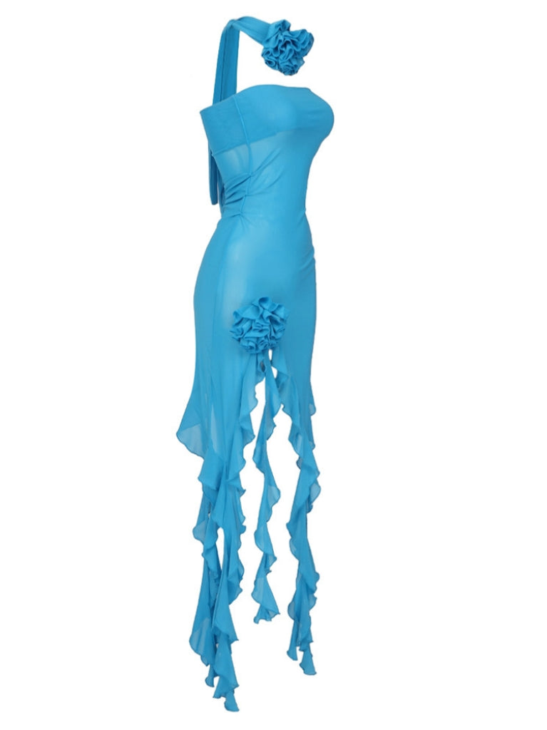Berry Ruffle Flower Mesh Dress In Blue With Choker