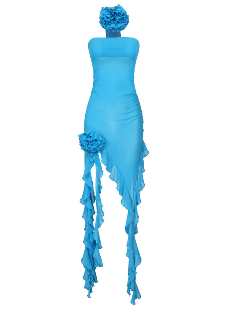 Berry Ruffle Flower Mesh Dress In Blue With Choker