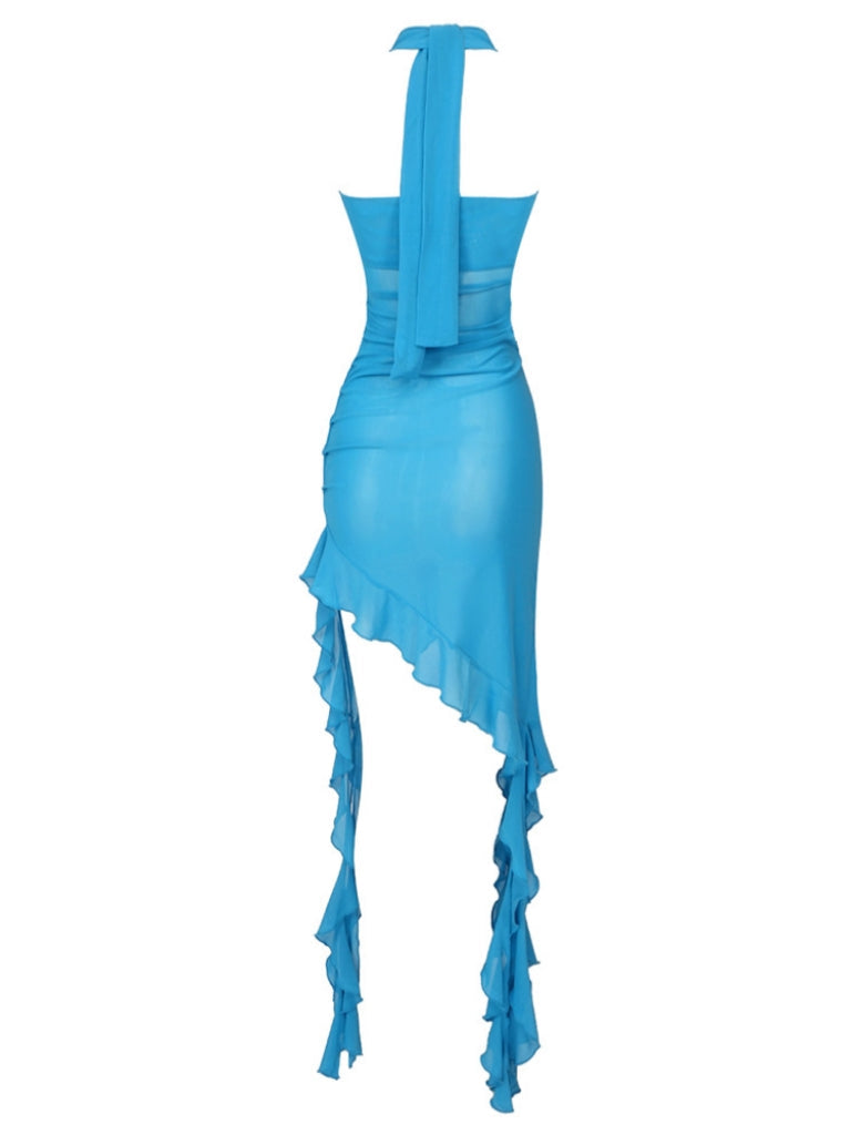 Berry Ruffle Flower Mesh Dress In Blue With Choker