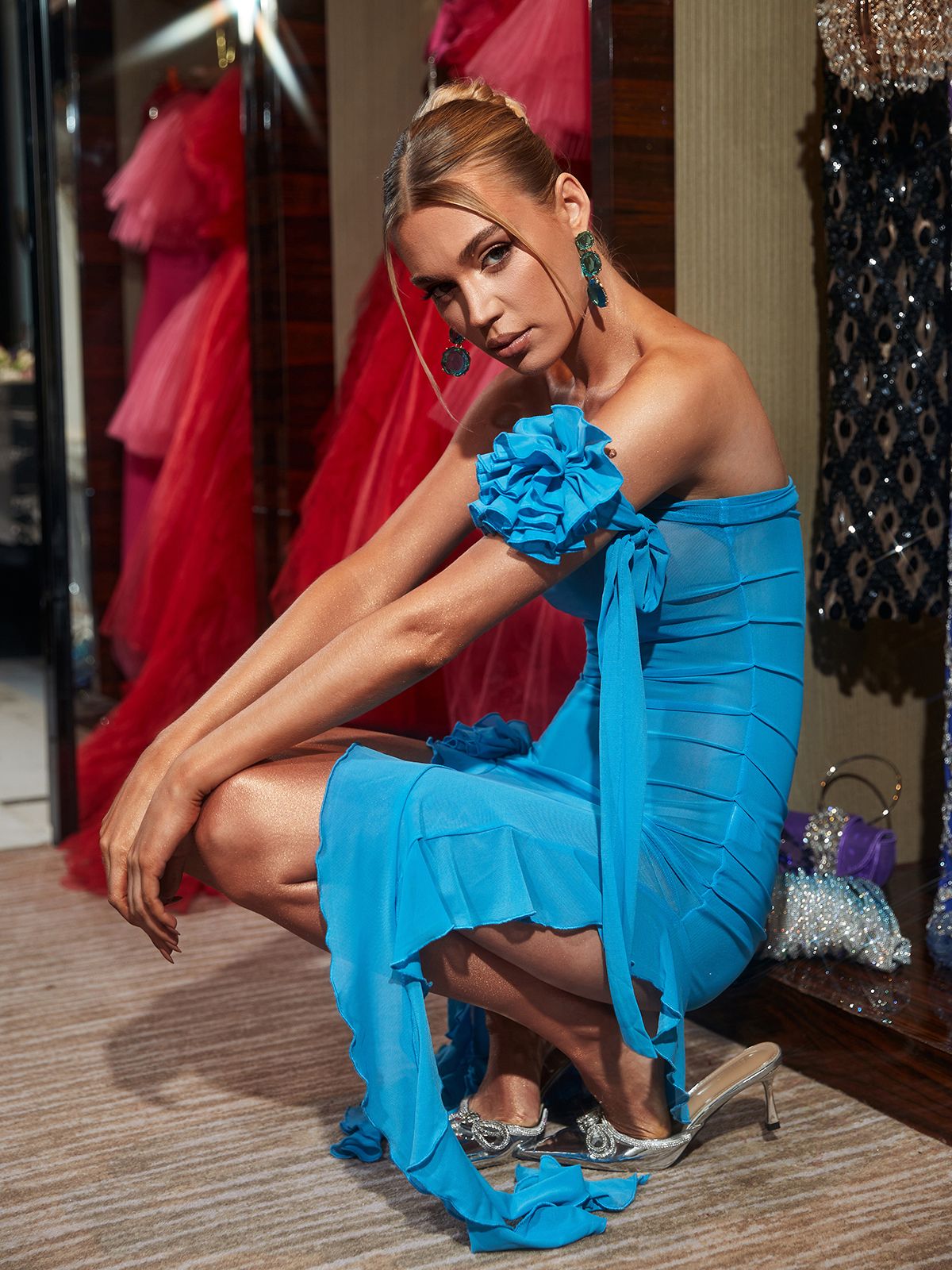 Berry Ruffle Flower Mesh Dress In Blue With Choker