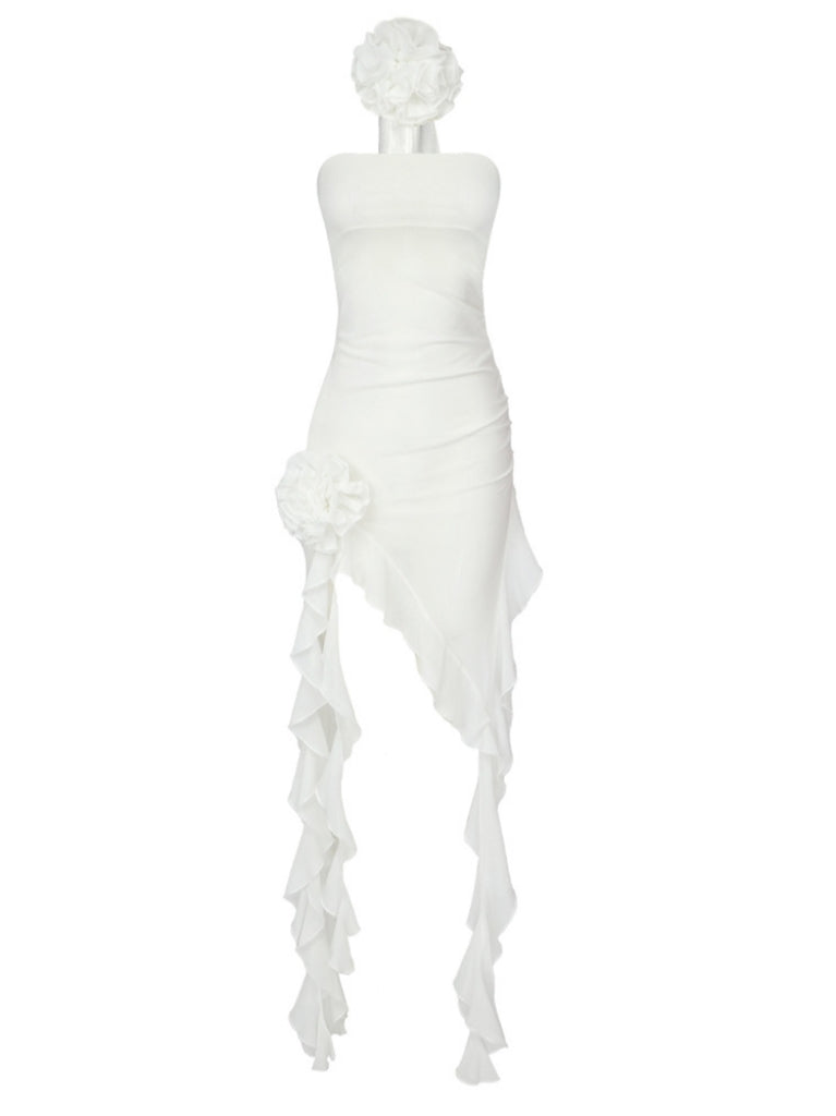 Berry Ruffle Flower Mesh Dress In White With Choker