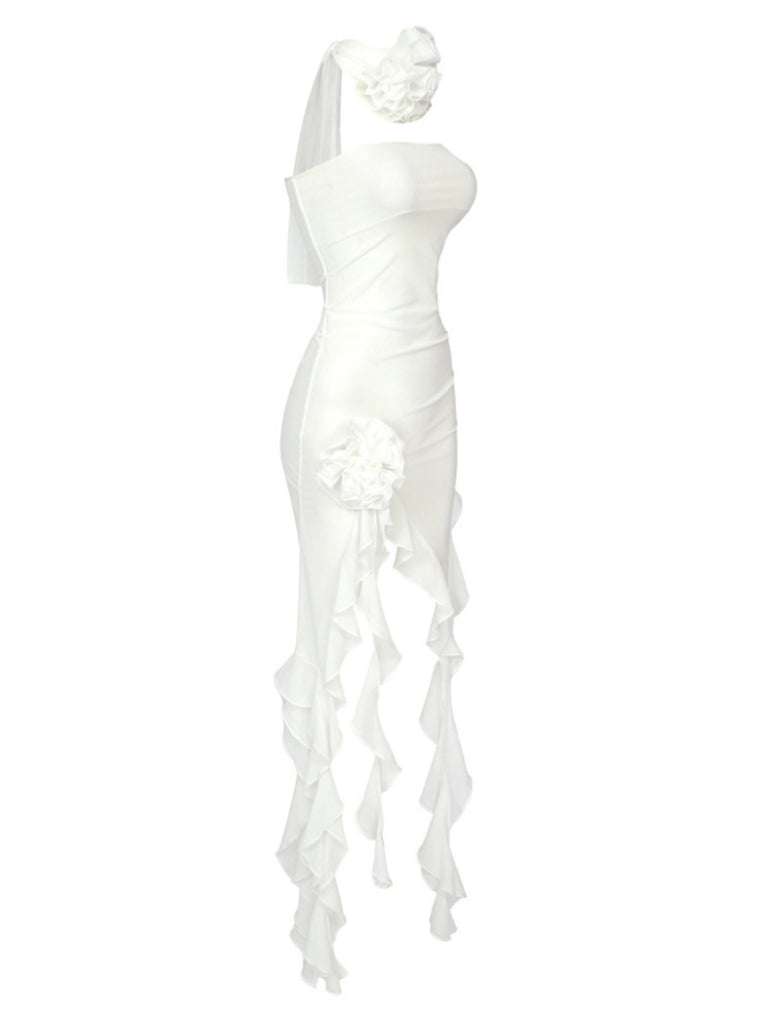 Berry Ruffle Flower Mesh Dress In White With Choker