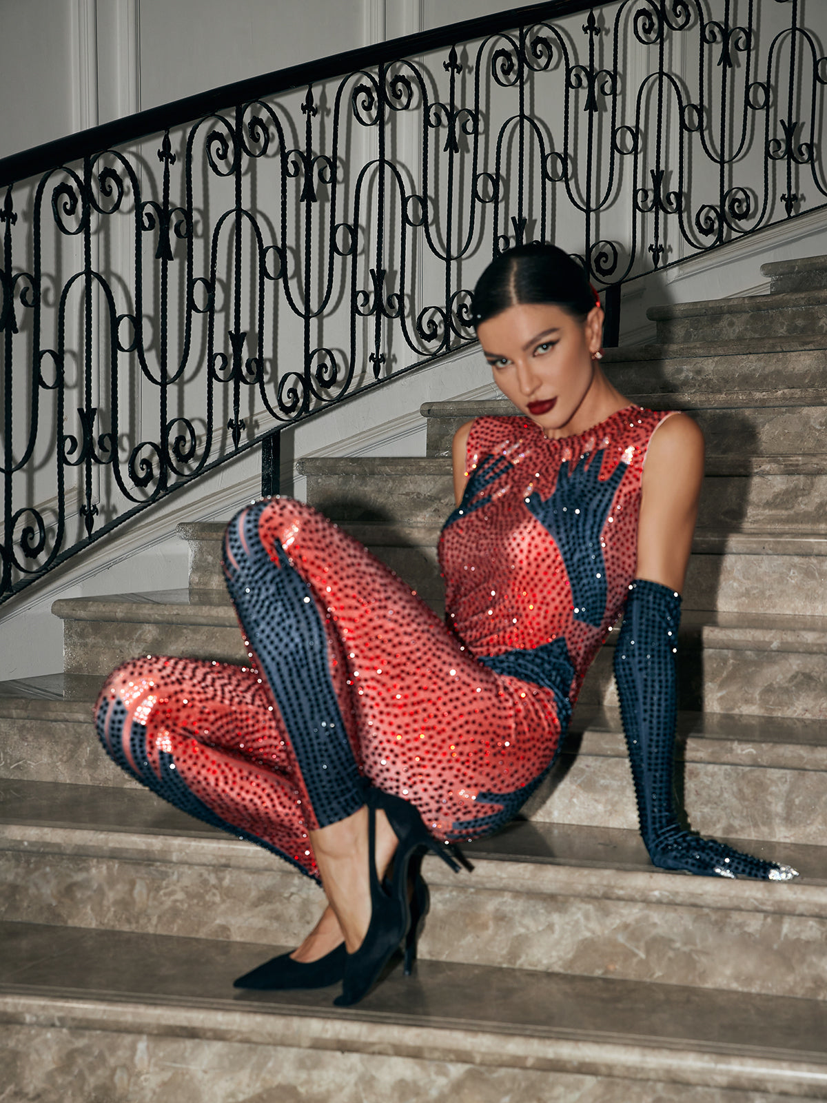 Billy Diamond Hands Illusion Jumpsuit In Red