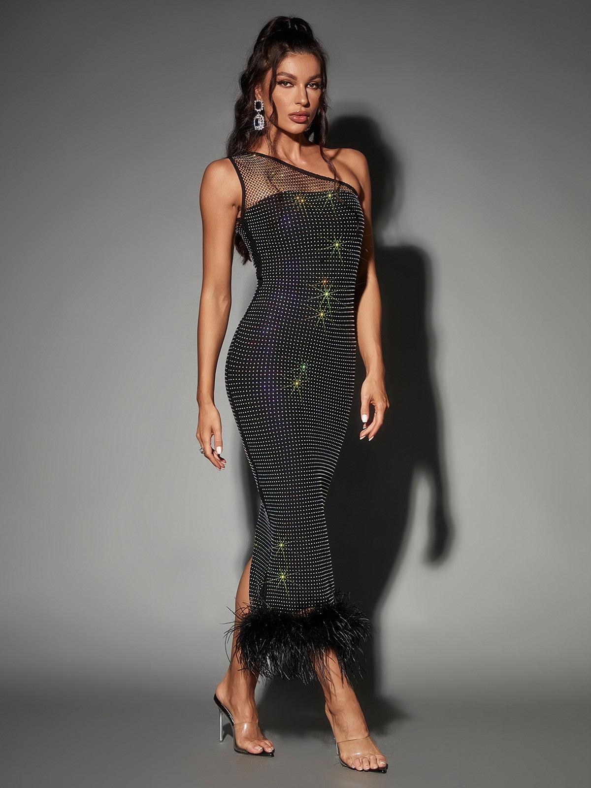 Bowie Mesh Diamond Feather Bandage Dress - Mew Mews Fashion