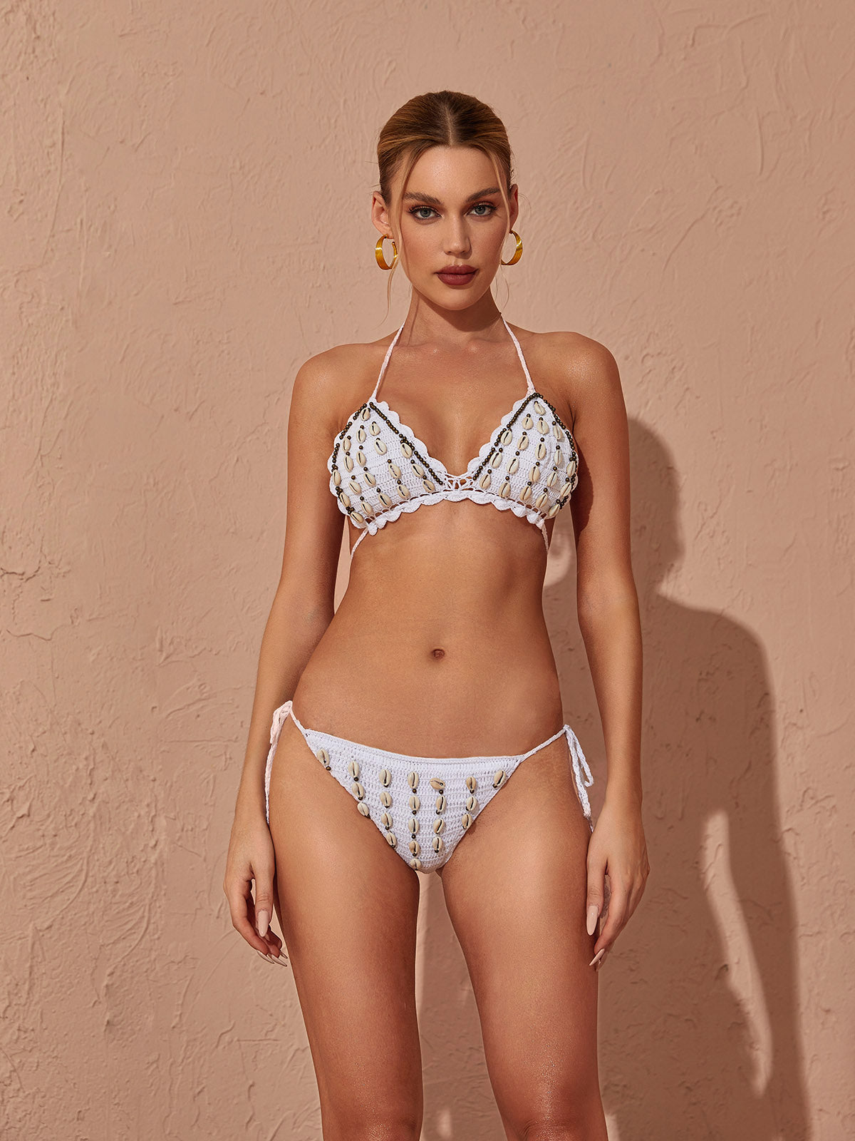 Brodie Knit Embellished Bikini Two Piece Set In White