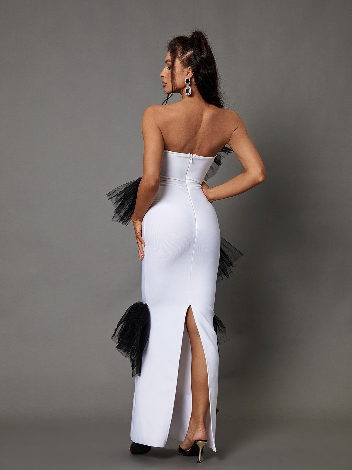 Arista Strapless Pleated Tulle Bow Maxi Dress