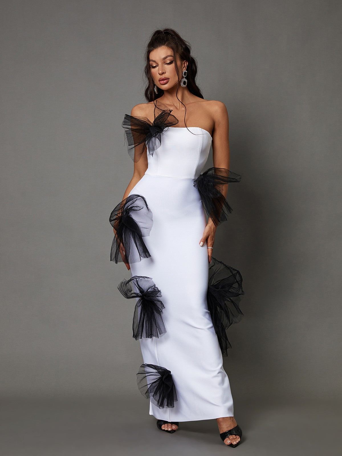 Arista Strapless Pleated Tulle Bow Maxi Dress