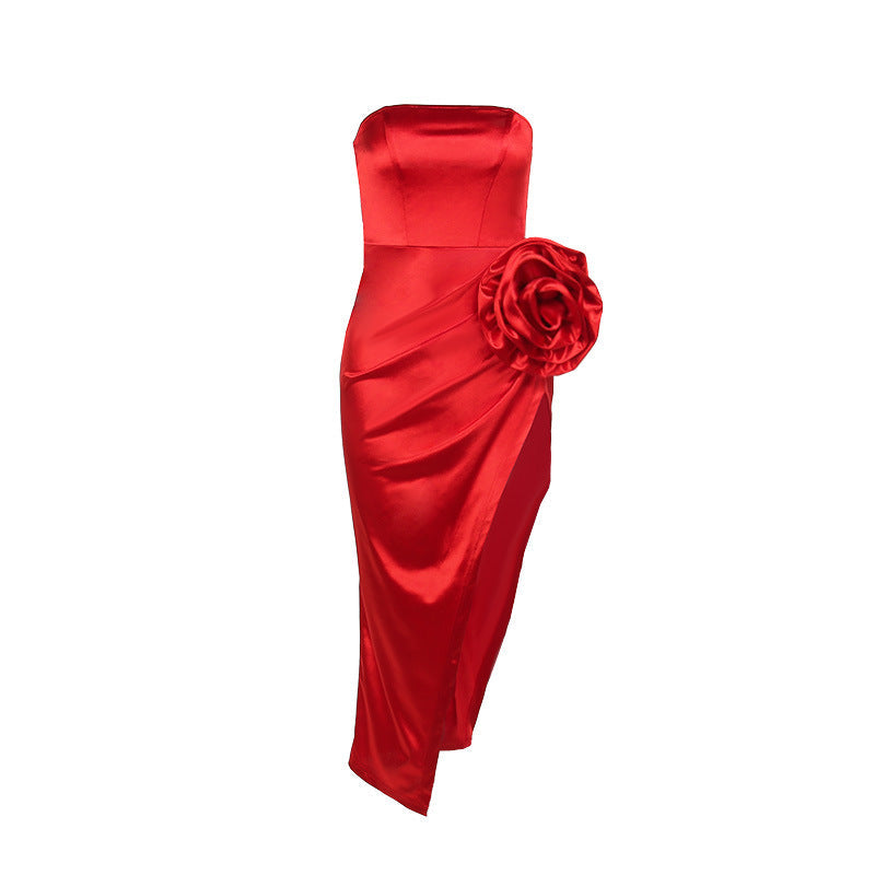 Casper Strapless Flower Satin Midi Dress