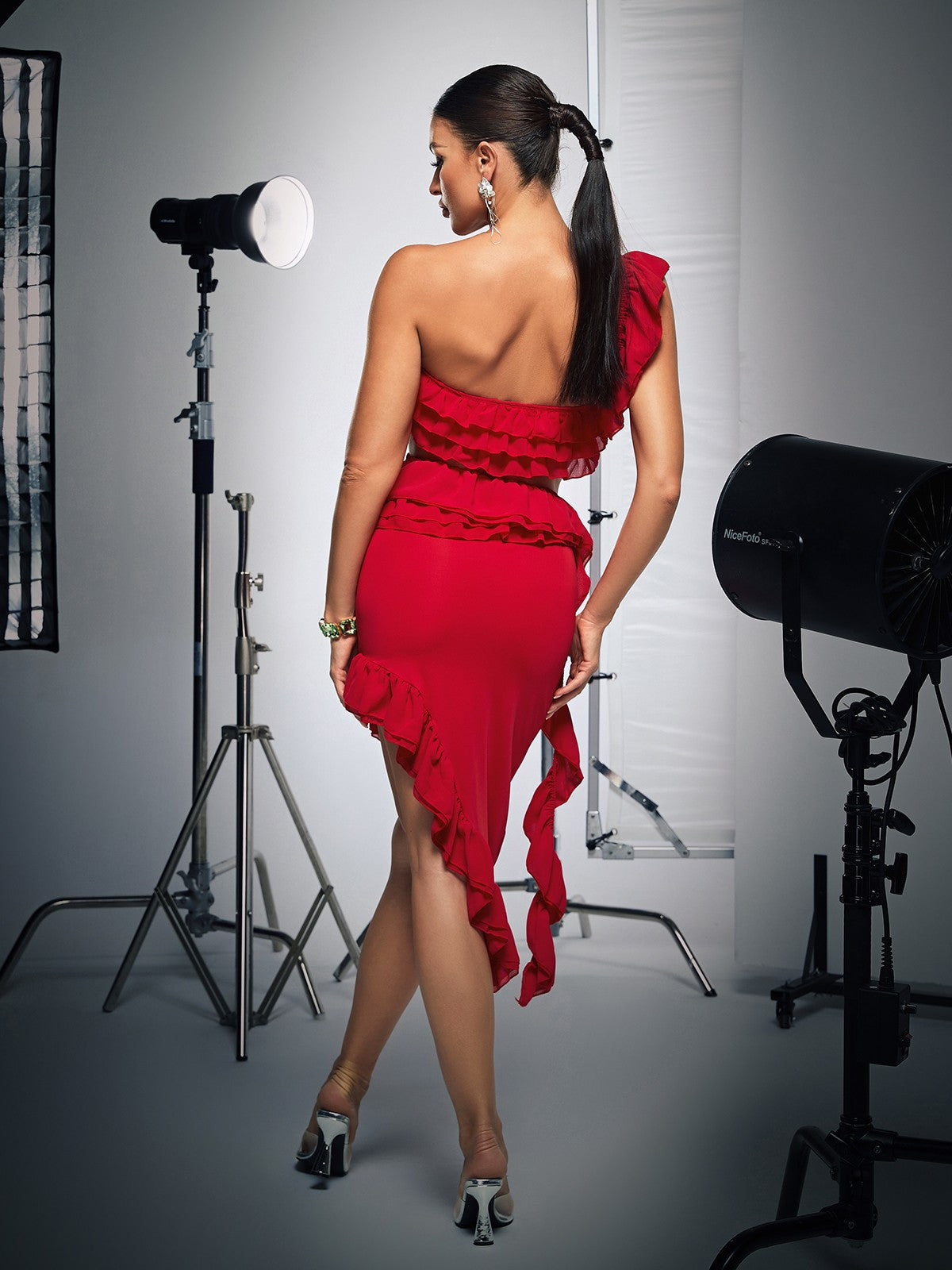 Catalina One Shoulder Ruffle Asymmetric Midi Dress
