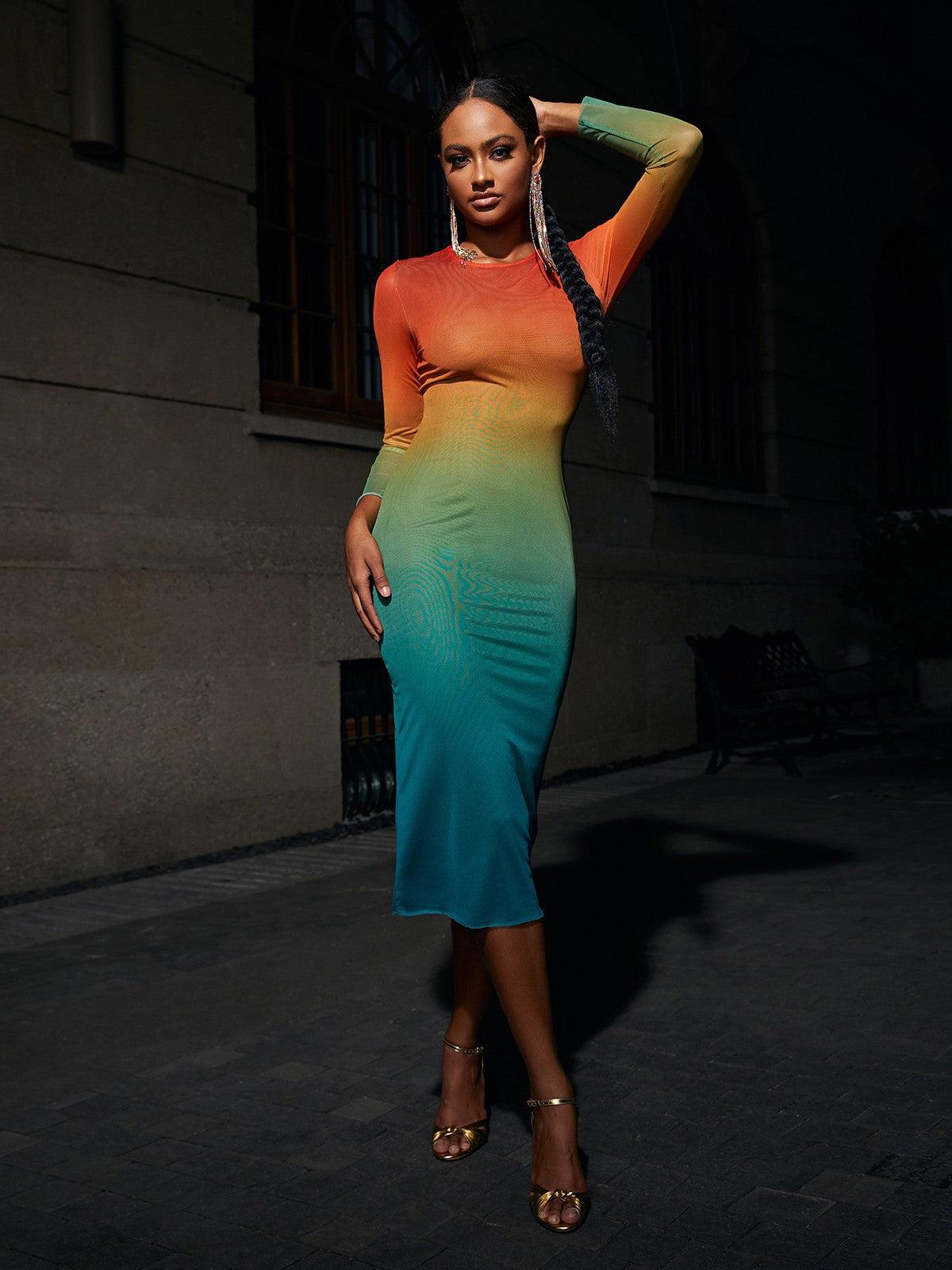Celestial Ombre Long Sleeve Mesh Midi Dress - Mew Mews Fashion