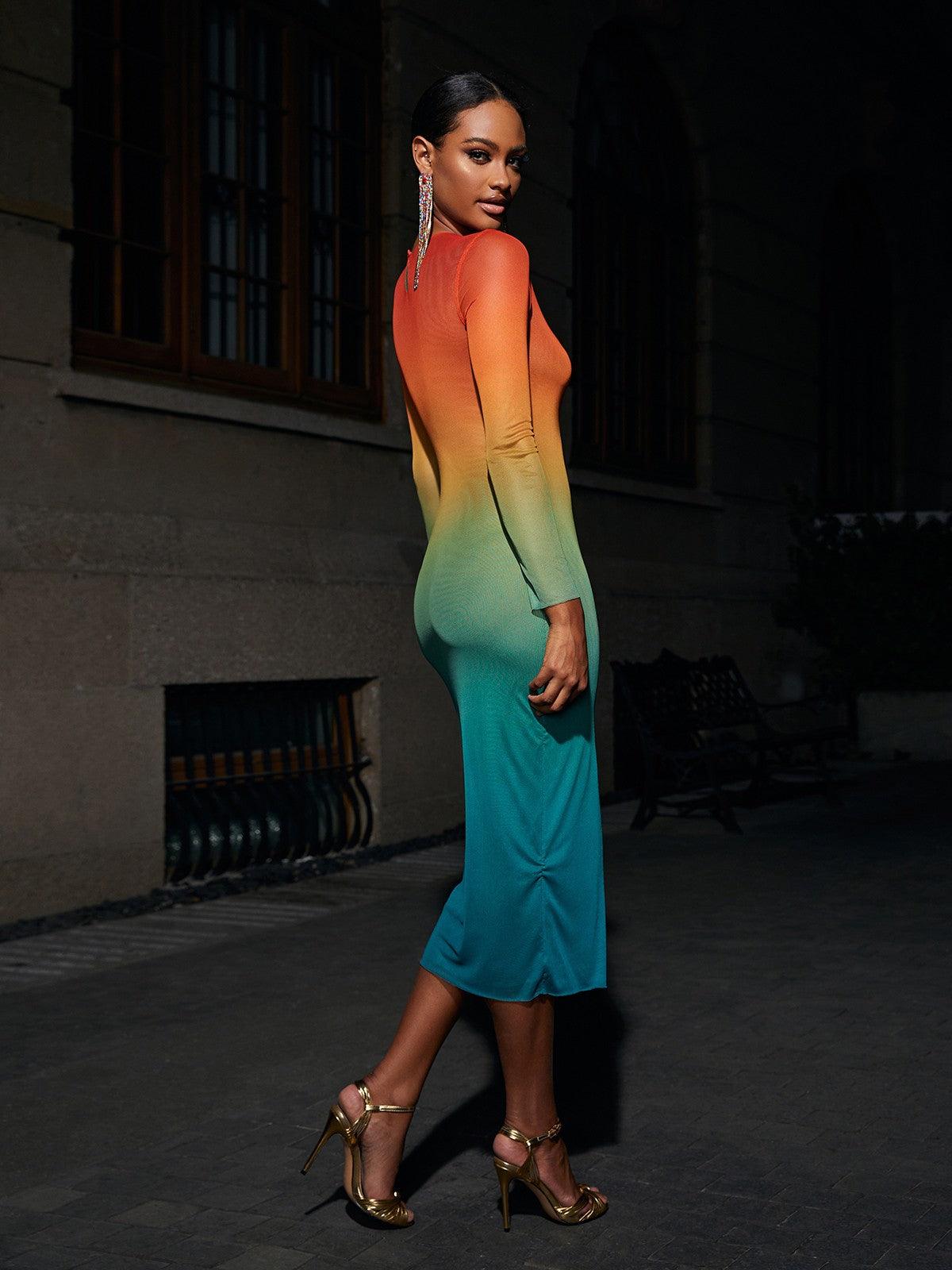 Celestial Ombre Long Sleeve Mesh Midi Dress - Mew Mews Fashion