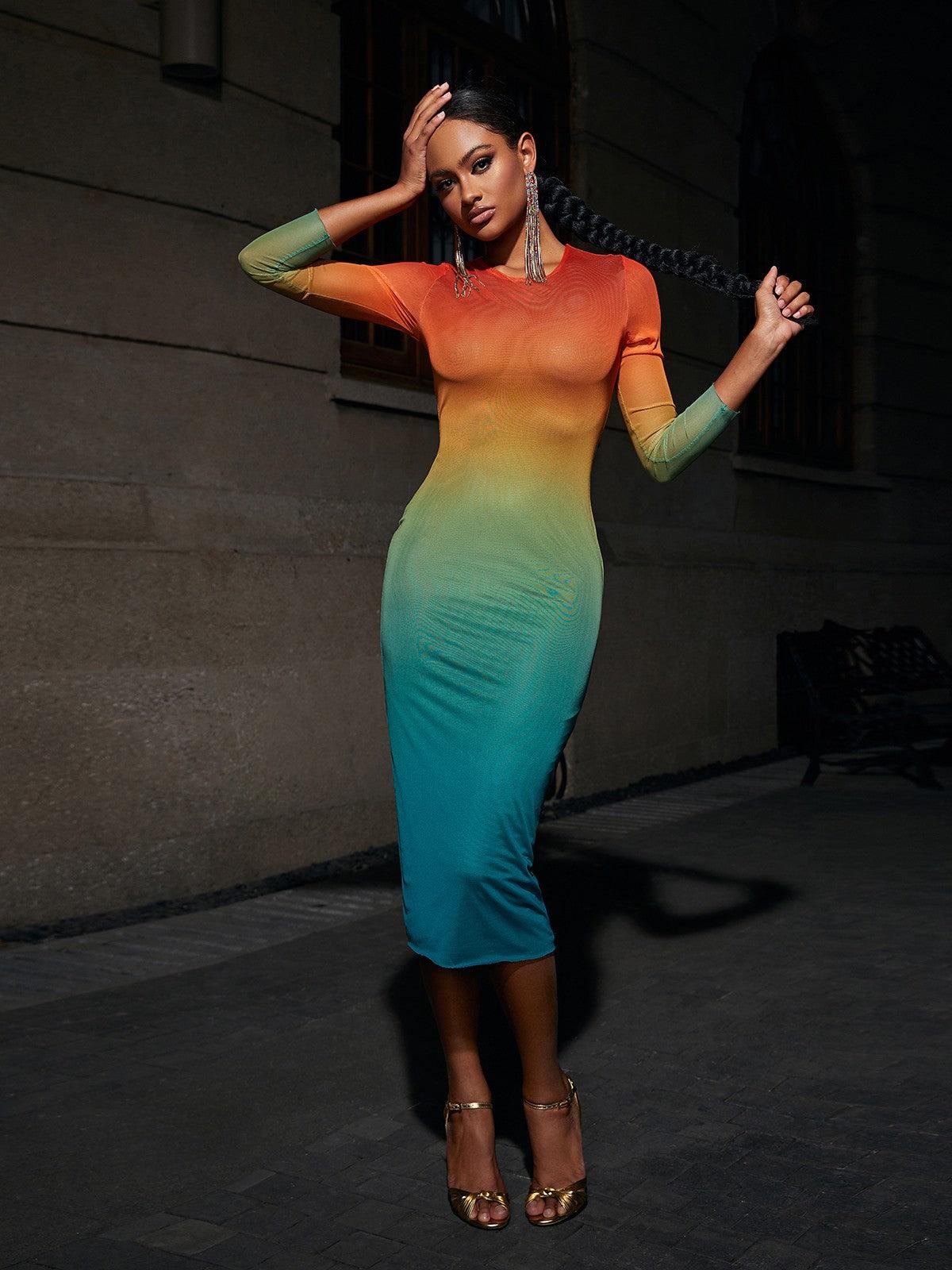 Celestial Ombre Long Sleeve Mesh Midi Dress - Mew Mews Fashion