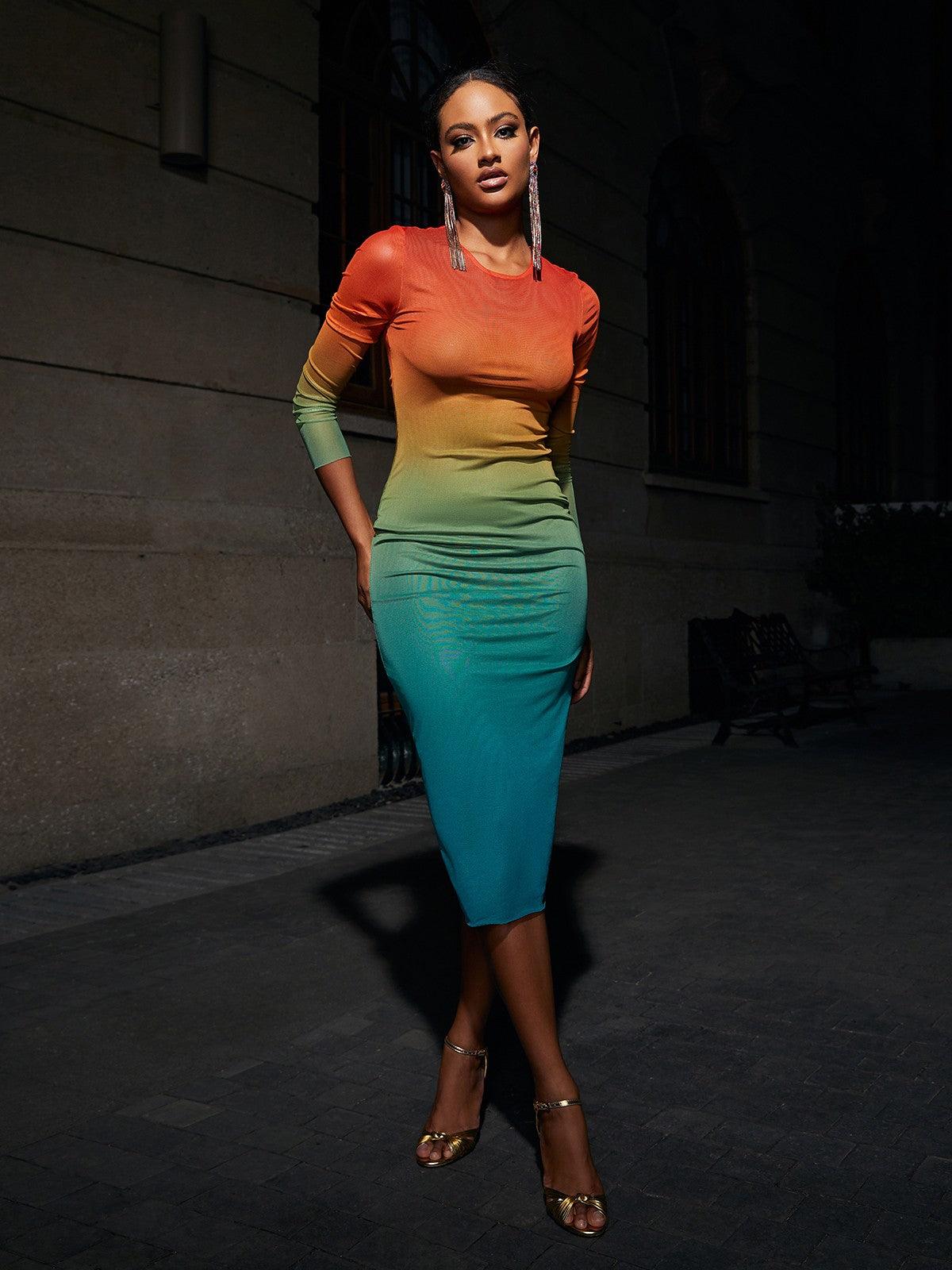 Celestial Ombre Long Sleeve Mesh Midi Dress - Mew Mews Fashion