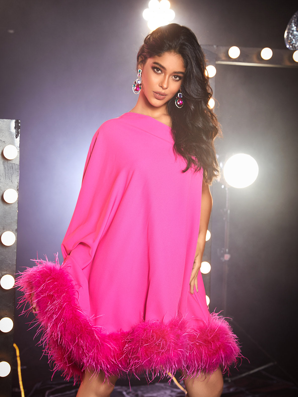 Ceridwen One Shoulder Feather Mini Dress In Hot Pink
