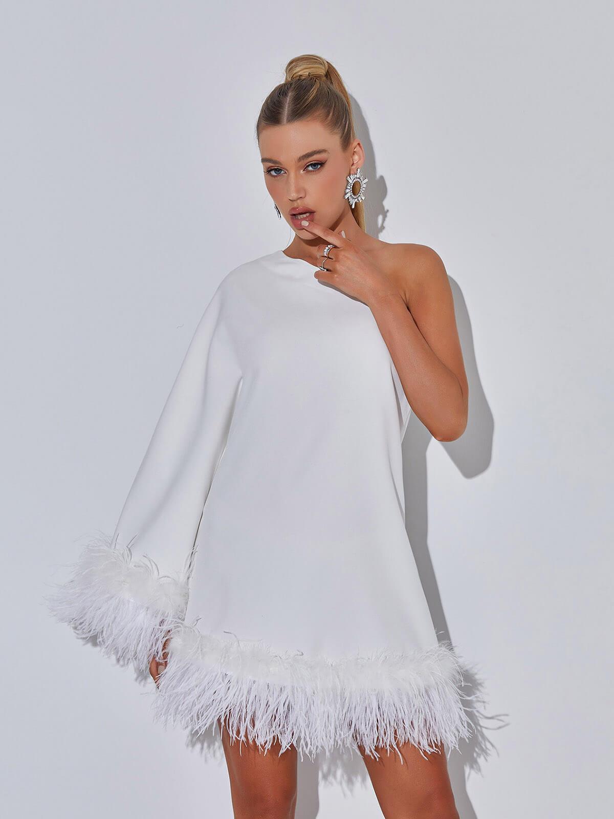 Ceridwen One Shoulder Feather Mini Dress In White - Mew Mews Fashion