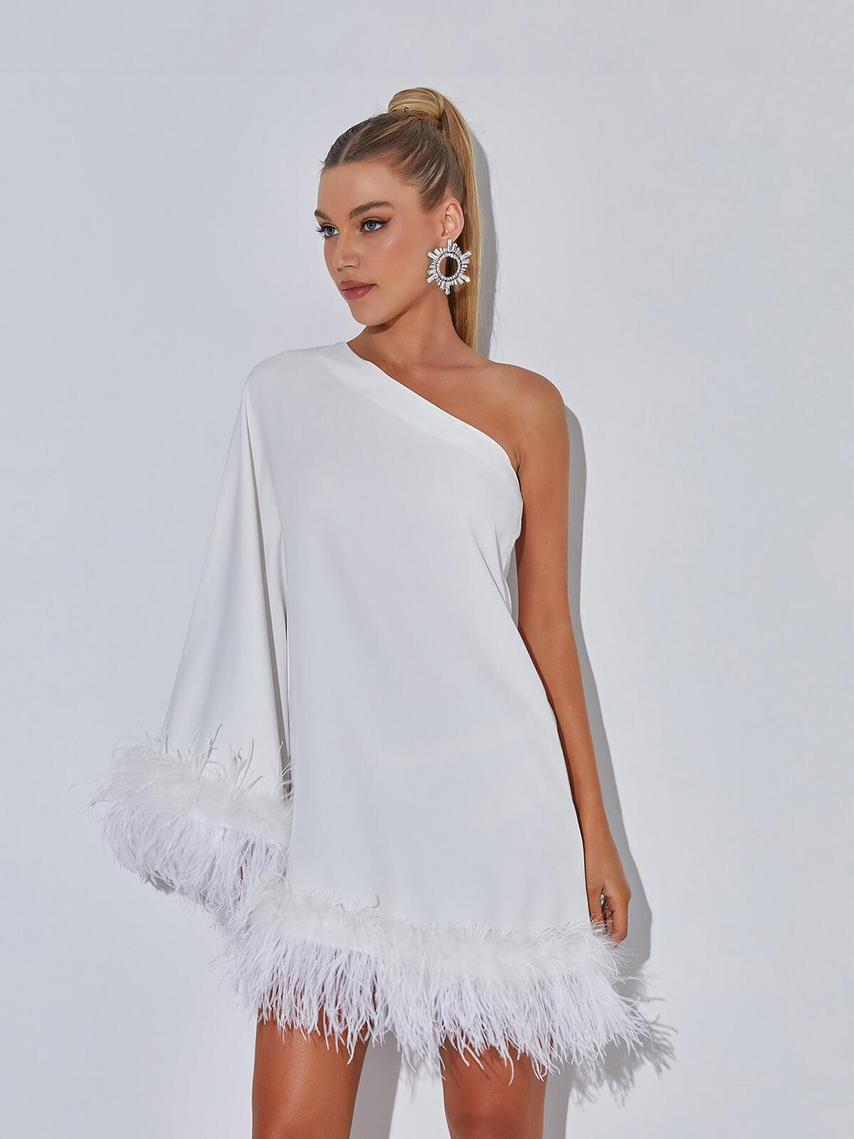 Ceridwen One Shoulder Feather Mini Dress In White - Mew Mews Fashion