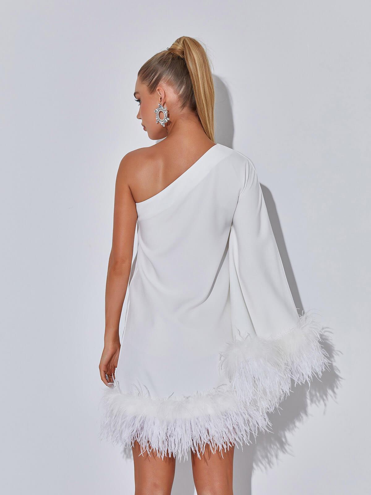 Ceridwen One Shoulder Feather Mini Dress In White - Mew Mews Fashion