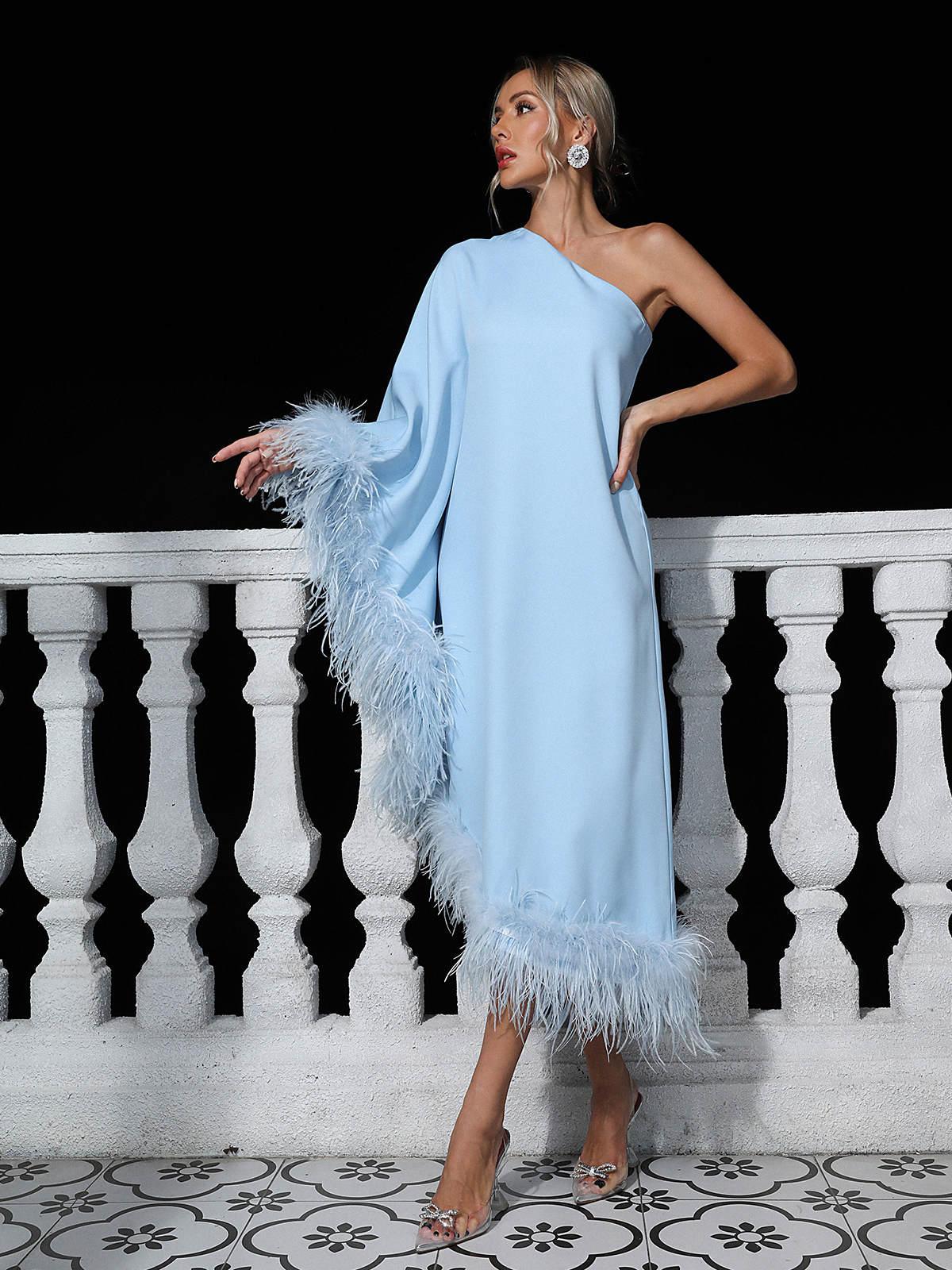 Ceridwen One Shoulder Feather Trimmed Maxi Dress In Blue - Mew Mews Fashion