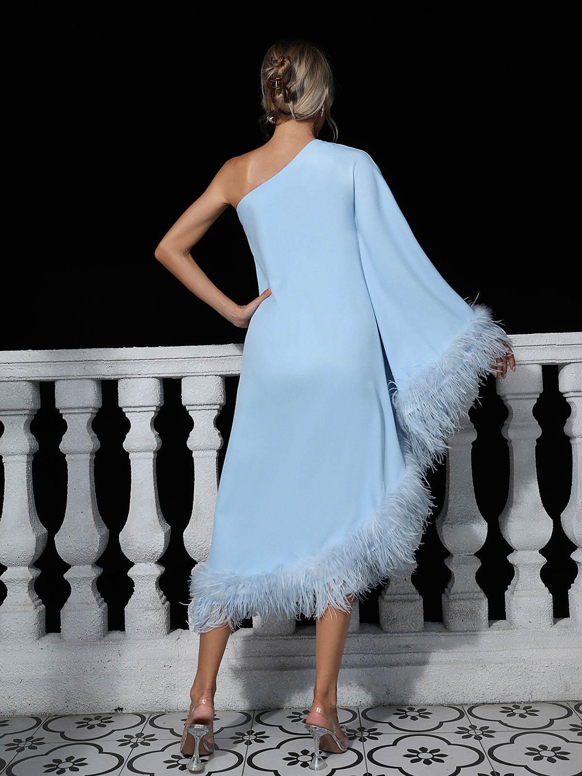 Ceridwen One Shoulder Feather Trimmed Maxi Dress In Blue - Mew Mews Fashion
