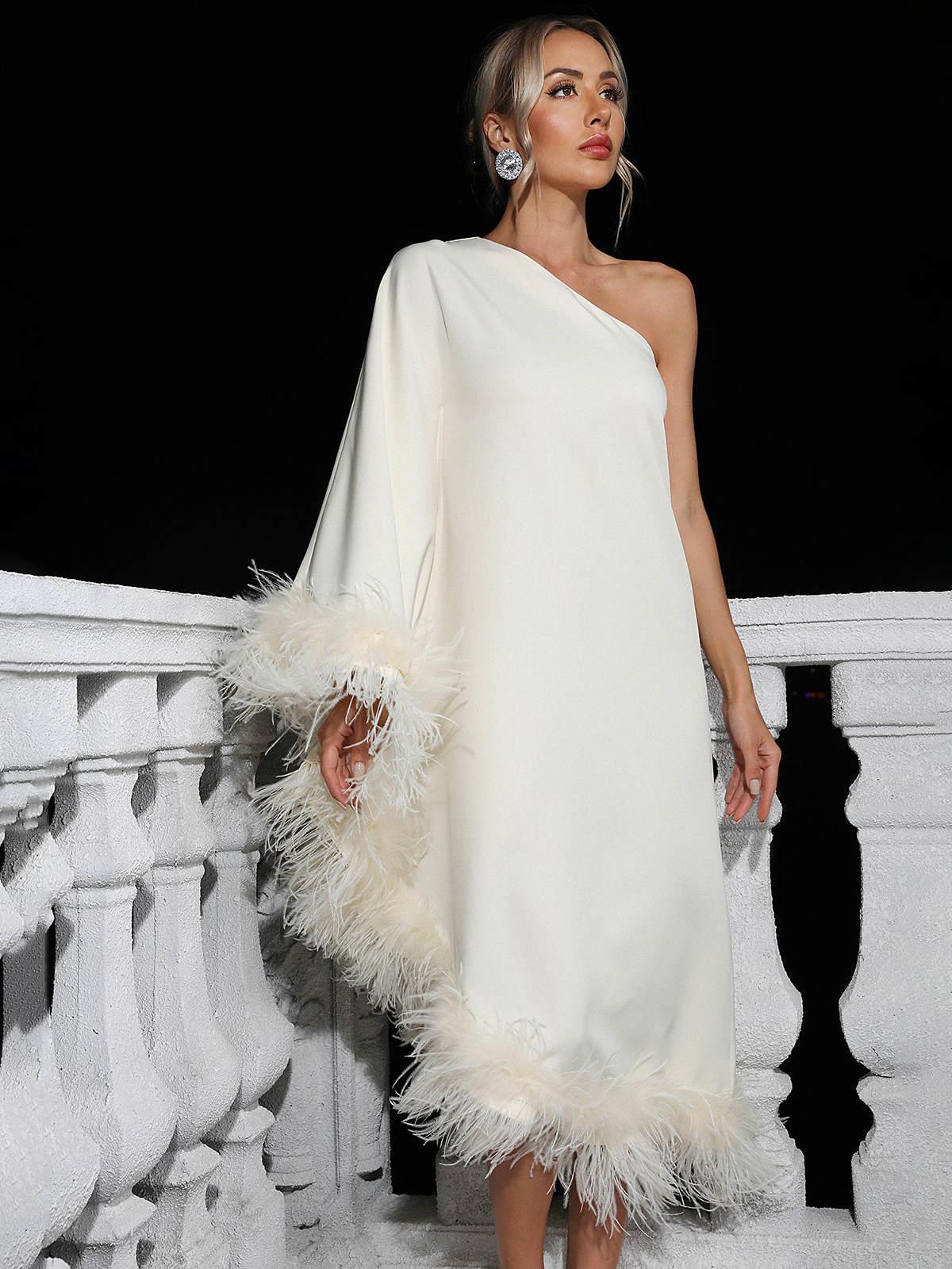 Ceridwen One Shoulder Feather Trimmed Maxi Dress In White - Mew Mews Fashion