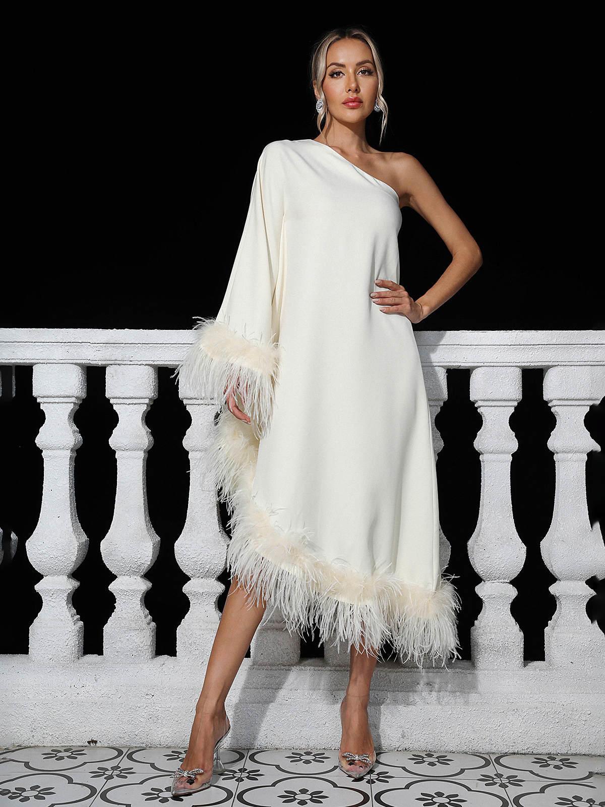 Ceridwen One Shoulder Feather Trimmed Maxi Dress In White - Mew Mews Fashion