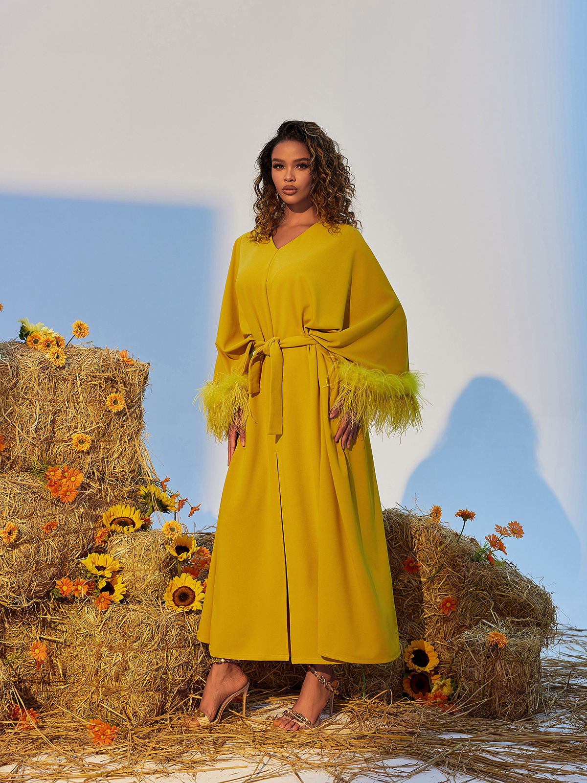 Ceridwen V Neck Feather Trimmed Split Maxi Dress