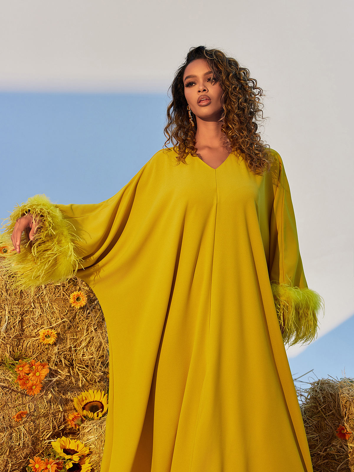 Ceridwen V Neck Feather Trimmed Split Maxi Dress