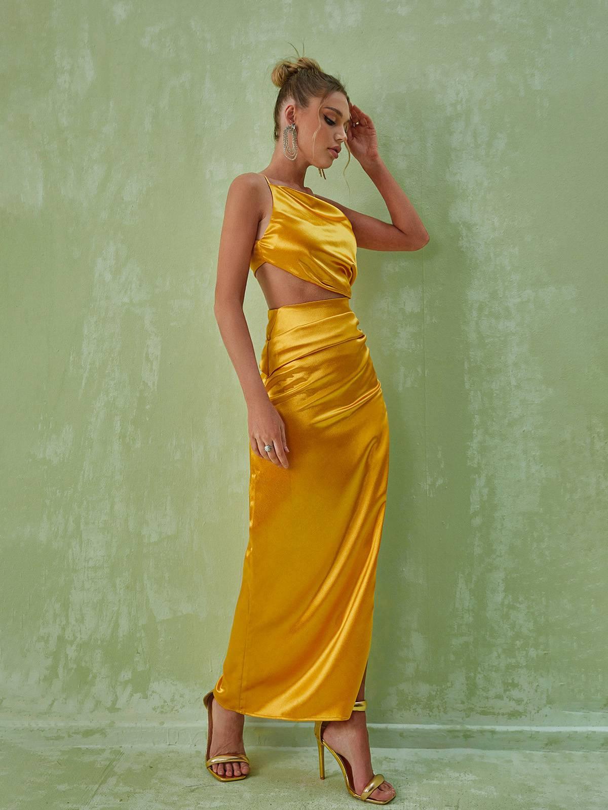 Chara One Shoulder Cutout Maxi Dress In Gold - Mew Mews Fashion
